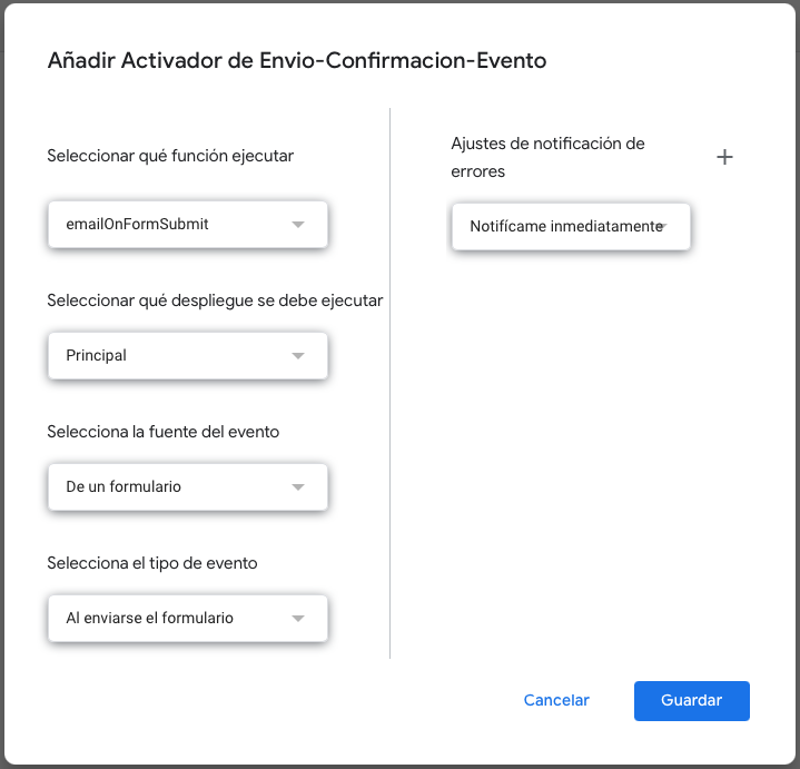 Configuración activador envío Google Forms
