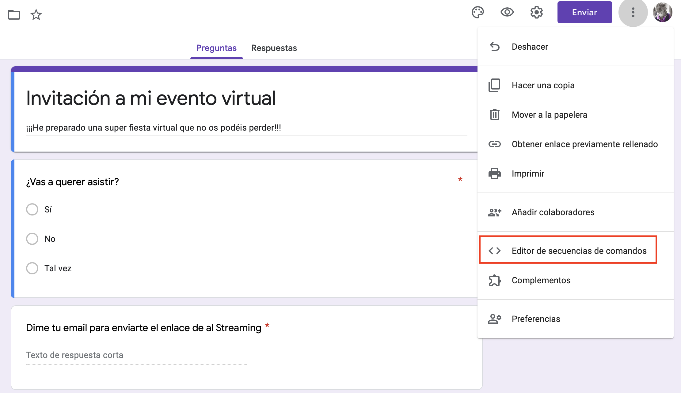 Acceso a la edición de secuencia de comandos de Google Forms
